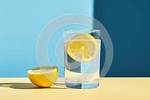 Glass of water with lemon slice on blue background, refreshing beverage concept with copy space