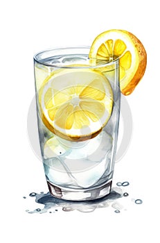 Glass of water with lemon, watercolor illustration.