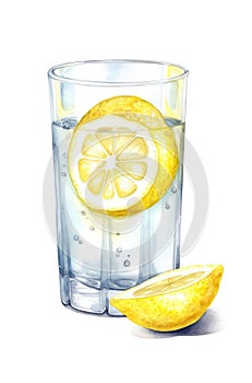 Glass of water with lemon, watercolor illustration.