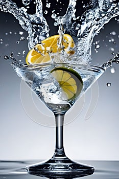 Glass of water, lemon and watersplashes.
