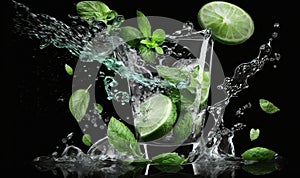 a glass of water with limes and mints in it