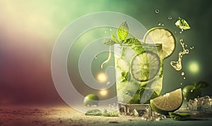 a glass of water with limes and mints on a table