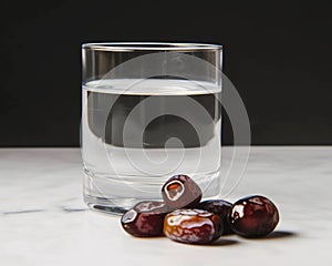 A glass of water with medjool dates placed on top, dates and water image