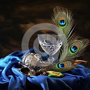 a glass of water with peacock feather on blue silk cloth generative AI