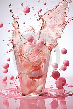 A glass of water with pink bubbles. AI