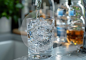 Glass of water is poured from tap into glass. A photo of clean water being poured from the faucet into a glass