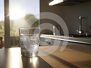 A Glass of Water Set on the Table, Bathed in Afternoon Kitchen Radiance