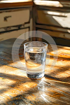 A glass of water sits on a wooden table. Generative AI