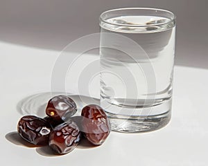 A glass of water with some medjool dates on it, dates and water picture