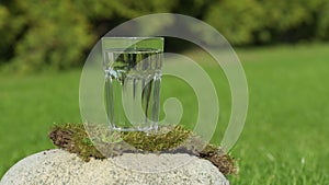 Glass of water stands on moss covering stone on sunny day