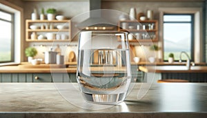 glass of water on a table on a kitchen background