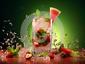 Glass of watermelon strawberry cocktail with ice and mint on green background, copy space, creative banner with water splash. Iced