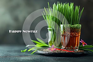 Glass of wheatgrass juice with fresh grass and flowers on dark background, Happy Nowruz
