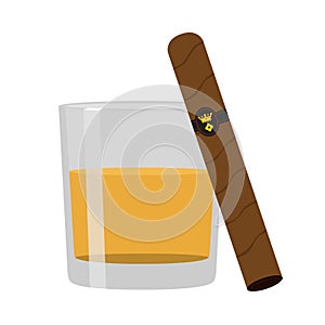 Glass of whiskey with cigar. Premium alcohol, tobacco. Flat style photo