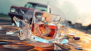 Glass of whiskey or cognac against the backdrop of an accident with a broken car. Concept of driving a car while drunk