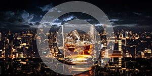 Glass of whiskey, the golden liquid swirling within, set against a background of an urban skyline at night