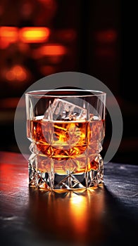 Glass of whiskey with ice on a bar counter. Alcohol drink in restaurant. Dark background. Vertical shot. AI Generated