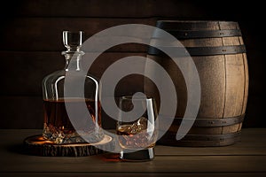 Glass of whiskey with ice and bottle. Still life. Brandy, bourbon on a brown wooden table, rustic style, alcohol drink. Rum,