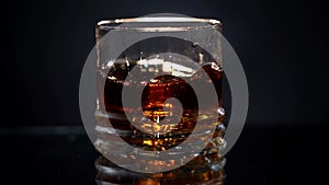 Glass of whiskey with ice cube. Barman drops ice cubes in the glass with alcohol. Scotch on the rocks. Slider shot. Dark
