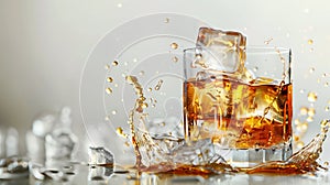 a glass of whiskey with ice cubes