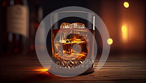 Glass of whiskey with ice cubes on a wooden table and Bokeh. Alcoholism concept. Addicting to alcoholic drink. Generative AI