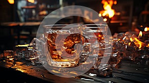 Glass cocktail ice with fire in the background, Generative AI