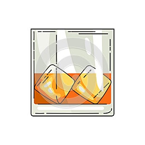 Glass of whiskey with ice isolated on transparent background. Realistic vector glass with smokey scotch whiskey and ice