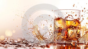 a glass of whiskey with ice and splash on a white background