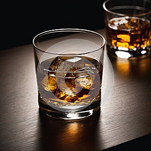 Glass of whiskey with ice on a wooden table in the dark