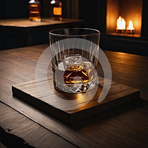 Glass of whiskey with ice on a wooden table in the dark