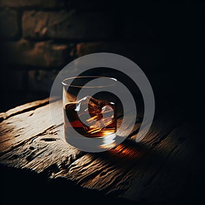 Glass of whiskey with ice on a wooden table in the dark