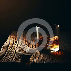 Glass of whiskey with ice on a wooden table in the dark