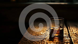 Glass of whiskey with ice on a wooden table in the dark