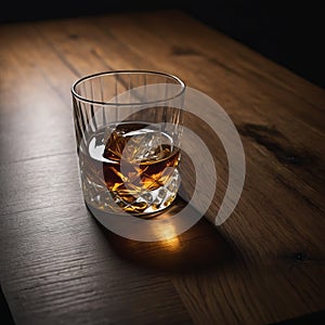 Glass of whiskey with ice on a wooden table in the dark