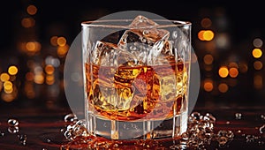 Glass of whiskey on an old wooden table. Alcohol drink, splash, ice cube