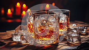 Glass of whiskey on an old wooden table. Alcohol drink, splash, ice cube