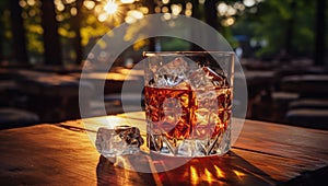 Glass of whiskey on an old wooden table. Alcohol drink, splash, ice cube