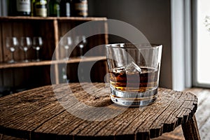 glass of whiskey on the rocks on old wooden table