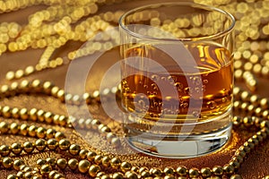 A glass of whiskey on the rocks, surrounded by golden beads and pearls, on an elegant gold background. The scene is captured in photo
