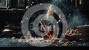 Glass of whiskey with scattered sugar and a rustic ambiance