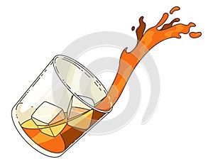 Glass of whiskey smokey scotch with ice and pouring drink. Vector alcohol product advertising vintage design isolated on