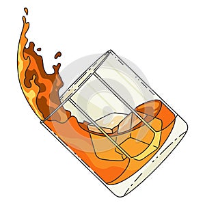 Glass of whiskey smokey scotch with ice and pouring drink. Vector alcohol product advertising vintage design isolated on