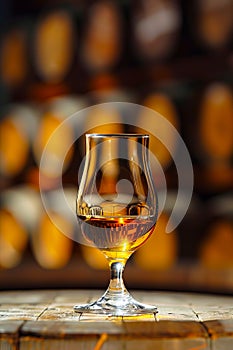 A glass of whiskey on top of a wooden table