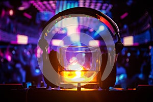 Glass with whisky with ice cube inside on dj controller at nightclub. Dj Console with club drink at music party in nightclub with