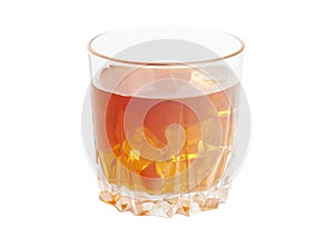 Glass of whisky and ice isolated white background