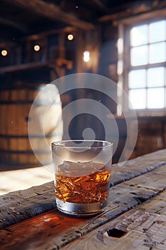 glass of whisky positioned elegantly on a rustic wooden table, with a whisky barrel visible in the background. AI generative