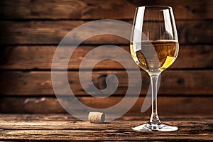 a glass of white wine on an antique wooden table