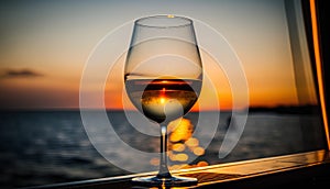 Glass of white wine on the background of the sea and sunset.