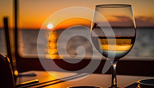 Glass of white wine on the background of the sea and sunset.