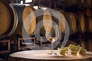Glass of white wine on background of wooden oak barrels in cellar of winery